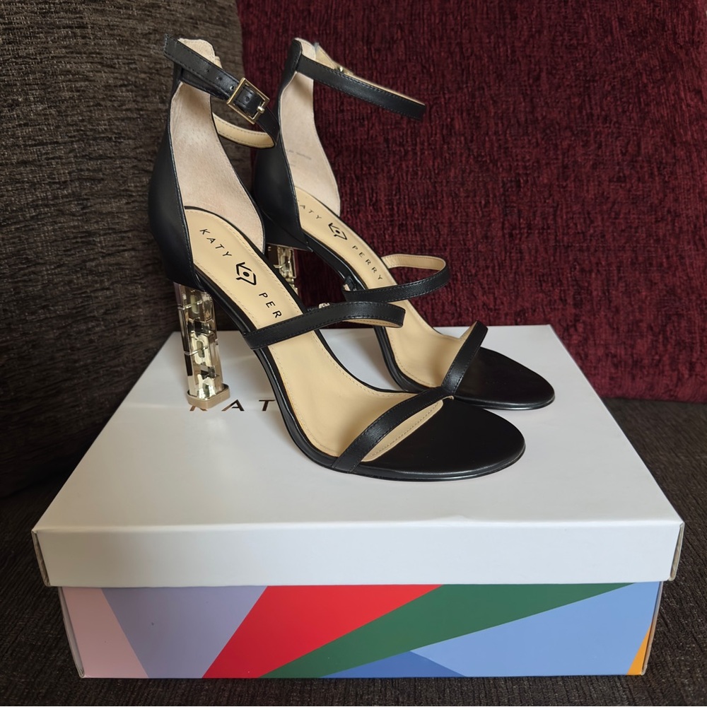 Katy Perry ‘Vilan’ Black Leather Open Toe Sandal Heels